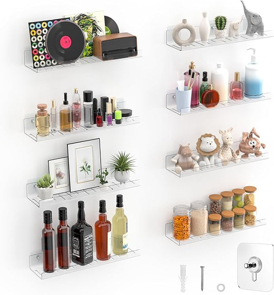 8 Pack Floating Shelves - Clear Acrylic/PET Wall Mounted Non-Drilling Storage Rack with Adhesive, Invisible Bathroom and Bedroom Shelves for Kitchen, Living Room, Clear Decoration