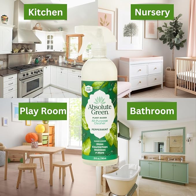 Absolute Green All Purpose Cleaner Spray, Non-Toxic, Kitchen, Bath, Countertop, Stainless, Safe around Kids + Pets, Natural Peppermint Scent, 25 oz (2 Pack)
