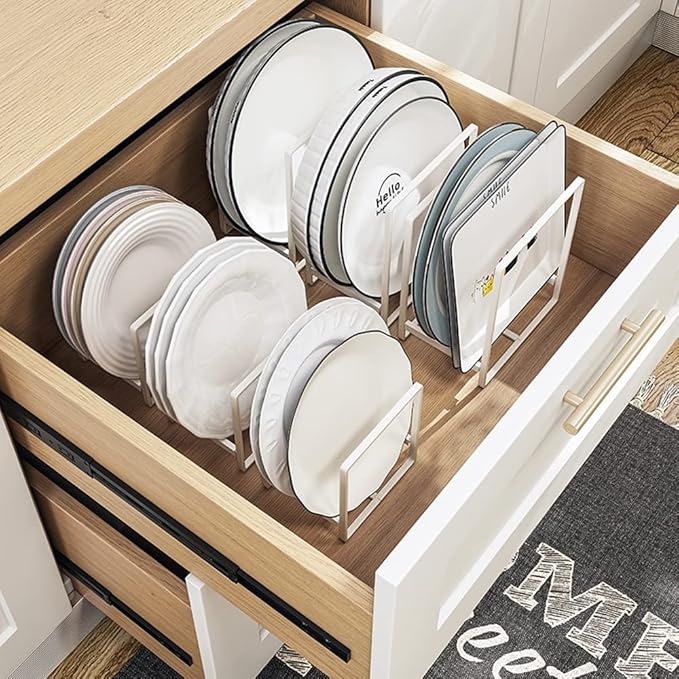 4PCS Plate Holders Organizer, Metal Dish Storage Dying Display Rack for Cabinet, Counter and Cupboard, White, 4 Large