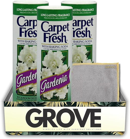 3x Carpet Fresh Gardenia Scent Carpet Odor Eliminator 14 oz Powder Bundle with Microfiber Cleaning Cloth – Eliminates Pet Odors, Provides Long-Lasting Fragrance – Gift Set (4 Items)