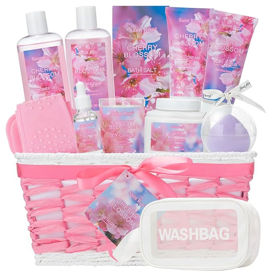 12 Pcs Bath & Body Gift Set Basket for Women, Cherry Blossom Bath and Body Gift, spa kit Skin Care Set, Self Care Pampering Kit, Diffuser, Home Spa, cosmetic Bag, Birthday, Mother Day, Bridal Shower