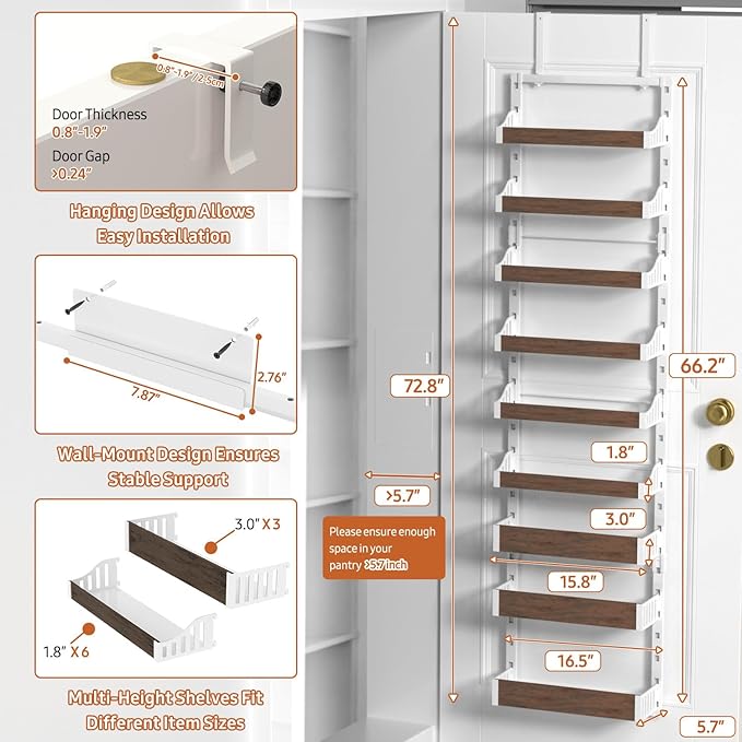 Over the Door Pantry Organizer: Pantry Organization and Storage with Hanging Basket - 9-Tier Metal Spice Rack Adjustable Shelves for Kitchen Bedroom Bathroom & Laundry Room White