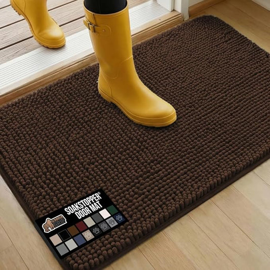 GORILLA GRIP SoakSTOPPER Dog Door Mat, 36x24 Machine Washable Rug Absorbent Doormat Captures Moisture Mud Dirt, Quick Dry Soft Chenille Entryway Rugs Indoor Entrance Mats for Dog Paws, Brown