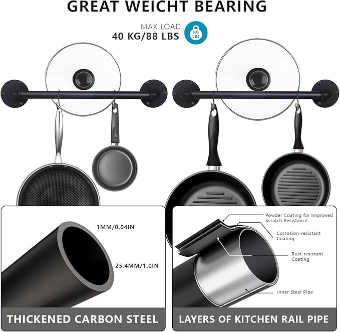 Aduanbang 21'' Wall Mounted Pot & Pan Rack (Set of 2) – Industrial Iron Pipe Kitchen Hanging Rail with 10 S Hooks for Utensils, Pots, and Pans Organization