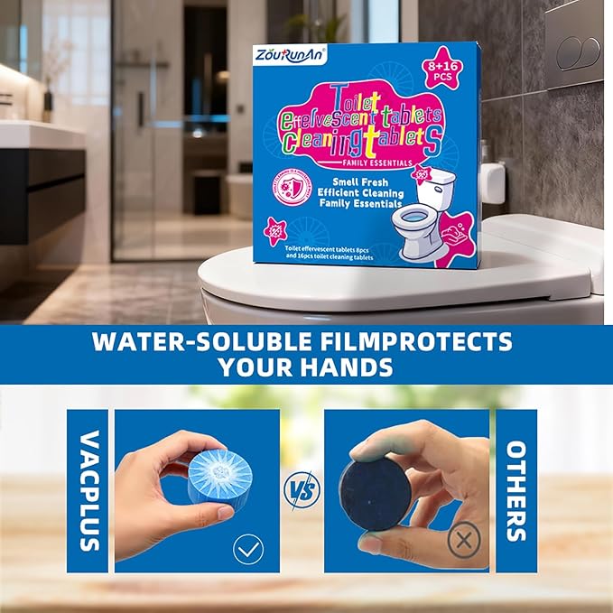 24 PACK Toilet Cleaning Tablets Set - 8 Effervescent Toilet Bowl Cleaners Tablets + 16 Blue Toilet Tank Tablets, Double-Action Formula for Stain, Water Deposit Removal
