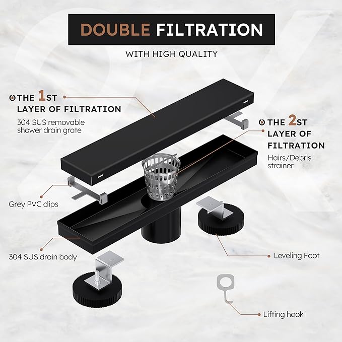 Linear Shower Drain 12 Inch,Modern Rectangle Shower Floor Drain with 2-in-1 Tile Insert Cover, Stainless Steel SUS 304, Linear Drain with Leveling Feet& Hair Strainer