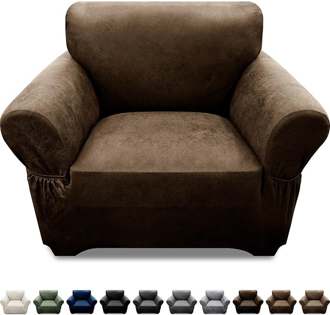 Single Sofa Cover Leather Look Chair Covers for Living Room 1-Piece Sofa Chair Covers with Arms Stretch Furniture Protector with Elastic Bottom & Pockets(Armchair, Dark Brown)
