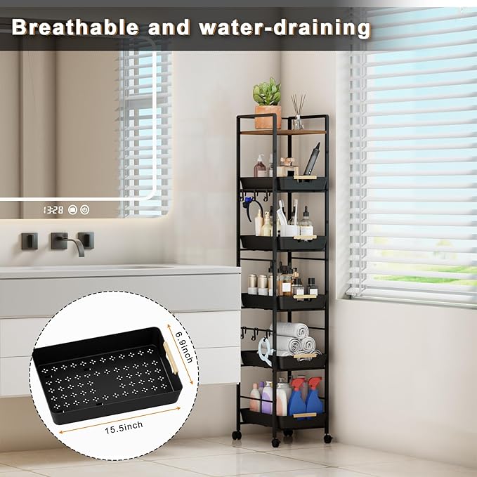 6 Tier Storage Cart with Pull-Out Baskets Rolling Storage Cart with Wheels Wood Top Organizer Rolling Utility Cart for Pantry Laundry Room Bathroom Kitchen Black 14.5”D x 13”W x 64.1”H