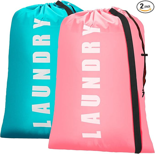 Heavy Duty Laundry Bag with Strap,2 Pack Travel Laundry Bags for Dirty Clothes,24" x 36" Large Laundry Bag for Traveling,Camping,Dorm (Cyan + Pink)