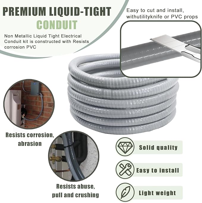 Liquid-Tight Conduit and Connector Kit - 3/4 Inch 75 FT Non Metallic Liquid Tight Electrical Conduit with 5 Straight and 5 Angle Fittings