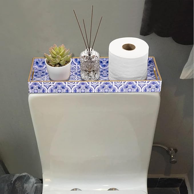 MAONAME Blue Vanity Tray Set of 2, Plastic Decorative Trays with Handles, Small Moroccan Bathroom Trays for Toilet Tank, Dresser Counter, 13.8" X 6" X 1.57"