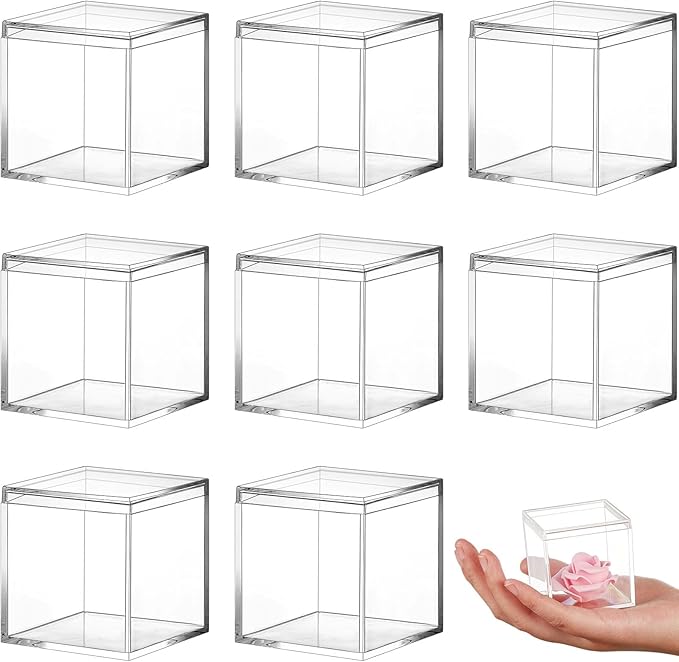 Blulu 8 Pcs Clear Acrylic Box with Lid Plastic Jewelry Mini Storage Box Mini Cube Containers for Candy and Tiny Jewelry Easter Party Favor(2.2 x 2.2 x 2.2 Inch,Classic Style)