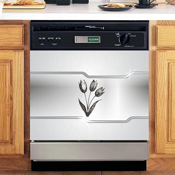 Silver Stainless Steel Effect Dishwasher Magnetic Cover Personalized Metal Flowers Universal Panel Decal for Refrigerator Magnet 23 x 17 Inch Home Kitchen Fridge Magnets