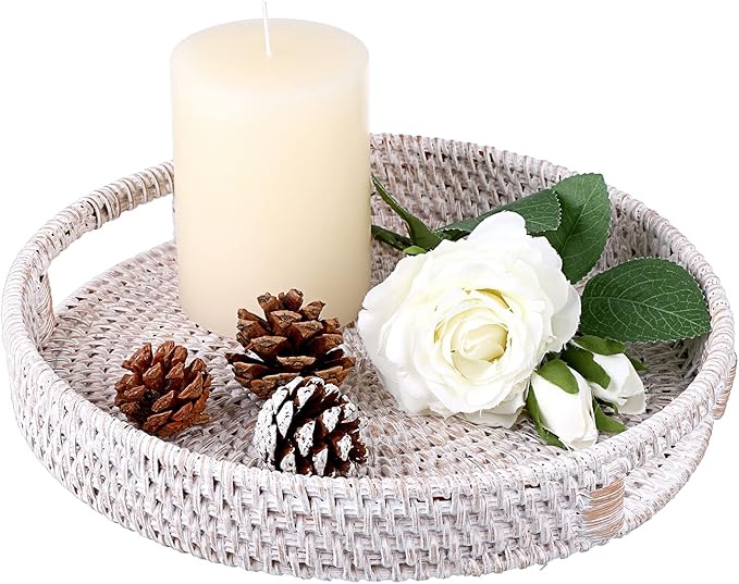 Hipiwe 10.4" Round Rattan Serving Tray with Handles - Handwoven Wicker Basket Storage Tray - Coffee Table Centerpiece - Home Decorative Basket - Whitewash