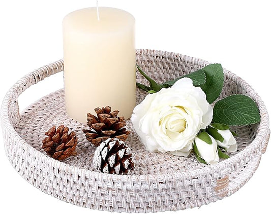 Hipiwe 10.4" Round Rattan Serving Tray with Handles - Handwoven Wicker Basket Storage Tray - Coffee Table Centerpiece - Home Decorative Basket - Whitewash