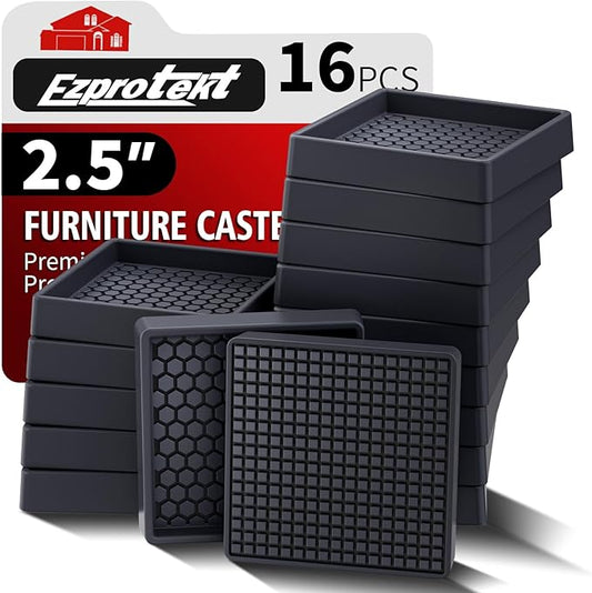 Ezprotekt Non Slip Furniture Pads, 16 Pcs 2.5" Anti Skid Rubber Furniture Caster Cups, Anti-Slip Furniture Coasters for Hardwood Floors, Anti Slide Floor Protectors for Bed Couch Stoppers (Black)