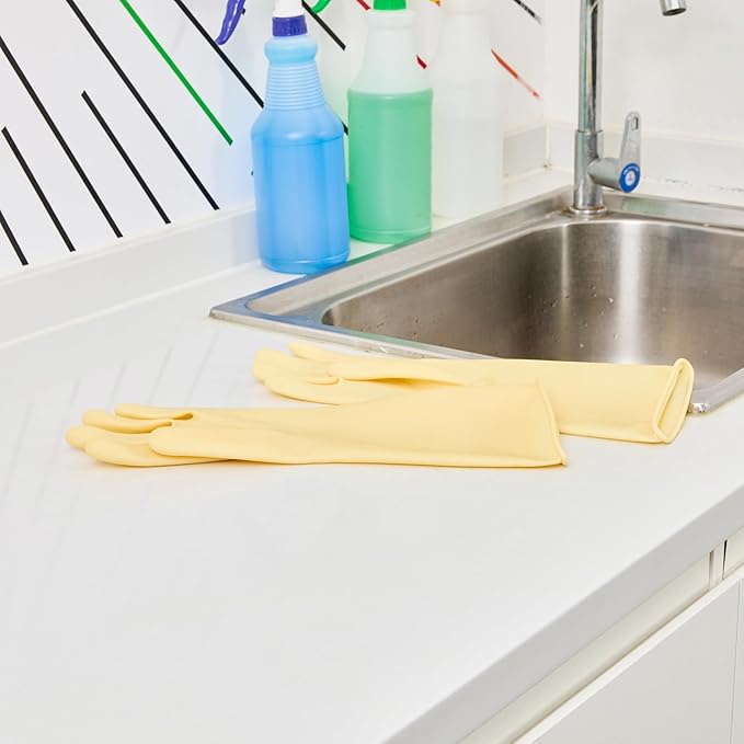 Restaurantware-Clean Tek Professional 22 Mil Medium Cleaning Gloves, 10 Pairs Of Long Cuff Gloves - No-Slip Grip, No-Powder, Yellow Latex Gloves For Kitchen Cleaning, Ideal For Washing Dishes