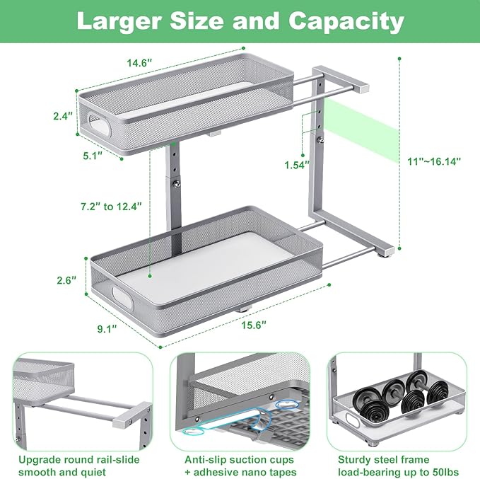 Under Sink Organizer, Height Adjustable 2 Tier Under Sink Organizers and Storage, Slide Out Metal Cabinet Organizers, Pull Out Sink Storage Drawer Shelf for Kitchen Bathroom Cabinet, Grey, 1 Pack