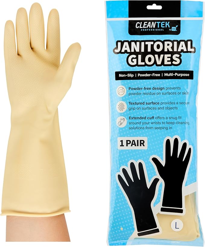 Restaurantware-Clean Tek Professional 22 Mil Large Cleaning Gloves, 10 Pairs Of Long Cuff Gloves - No-Slip Grip, No-Powder, Yellow Latex Gloves For Kitchen Cleaning, Ideal For Washing Dishes