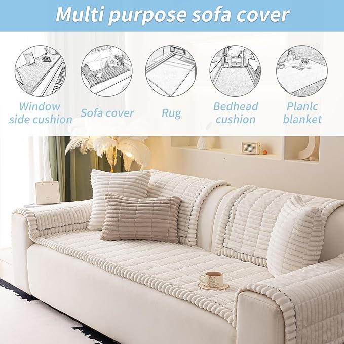 Couch Cover for Dogs Washable,Non Slip Fuzzy Durable Couch Covers for 3 Cushion Sofa Pet Friendly Sofa Cover Dog Thick Soft Slipcovers Protector Couches Mat Bed (White, 27.6"x82.7"/70x210cm)