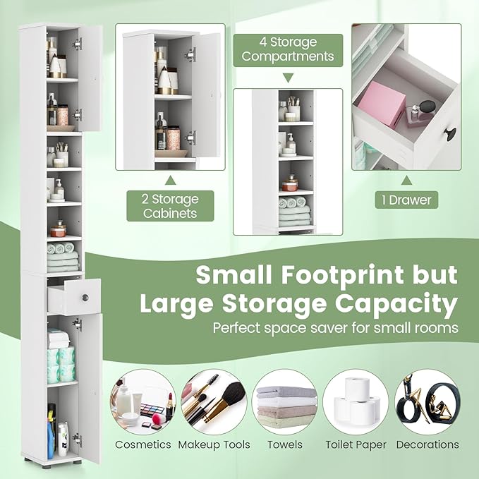 71" Tall Narrow Bathroom Storage Cabinet, Modern Skinny Toilet Paper Storage Organizer w/1 Drawer, 2 Doors & 5 Adjustable Shelves, Slim Tower Floor Cabinets for Small Spaces
