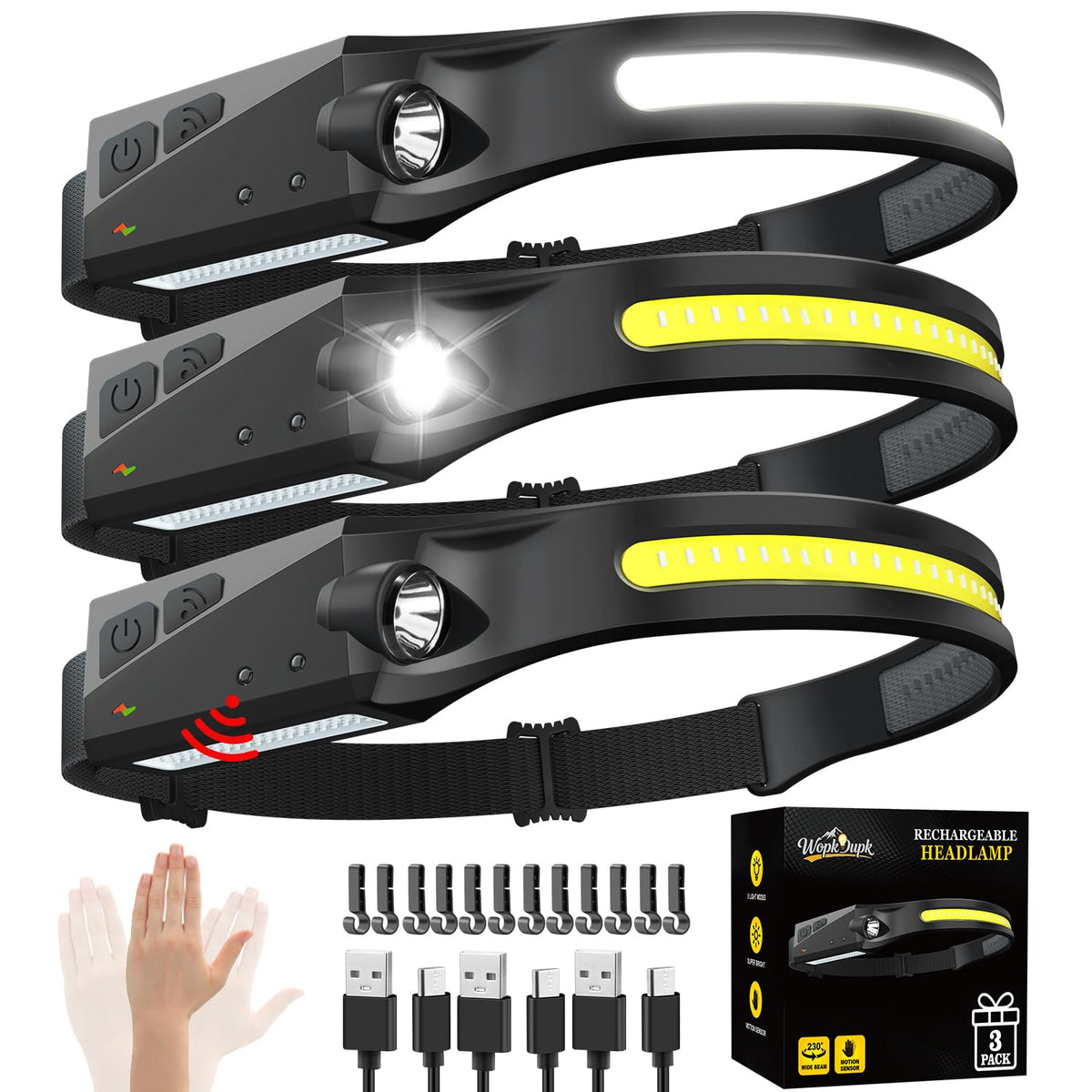 Rechargeable Headlamp 3PCS, 230° LED Head Lamp - Image 1