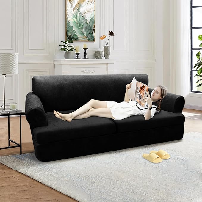 3-Pieces T Cushion Loveseat Slipcovers Leather Look Couch Cover Loveseat Covers for 2 Cushion Couch Furniture Protector Stretch Sofa Cover with 2 Individual T Cushion Seat Covers, Black
