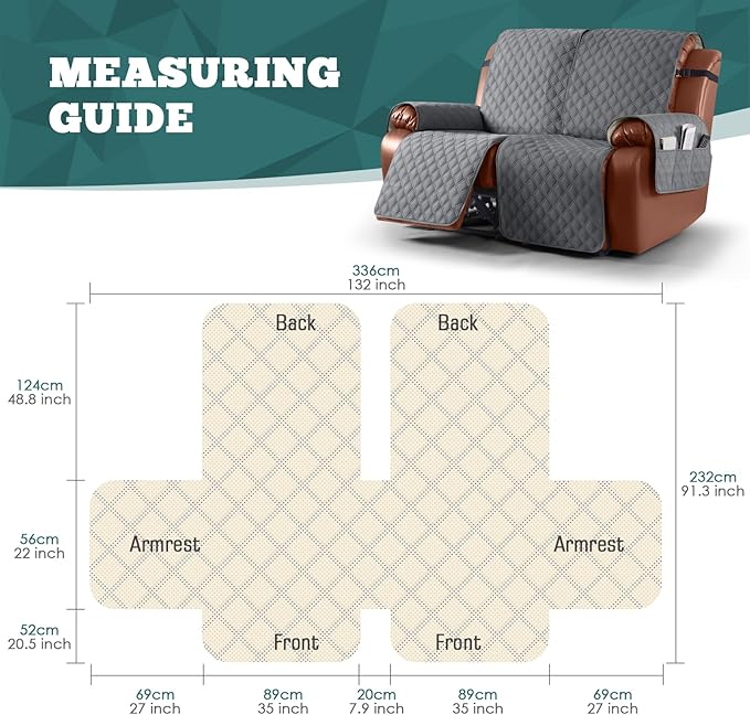 Ruaozz Waterproof Recliner Sofa Covers, 1-Piece Reclining Couch Covers Non-Slip Sofa Slipcover Washable Furniture Protector with Elastic Straps Pocket for Kids Pets (Dark Grey, XL 2 Seater)