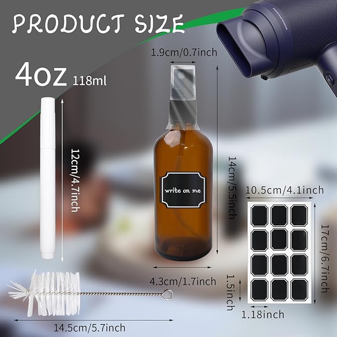 52 Pcs 4 Oz Amber Glass Spray Bottles with Funnel, Brush & Labels Set Small Spray Bottle for Travel, Oil Spray & Mist