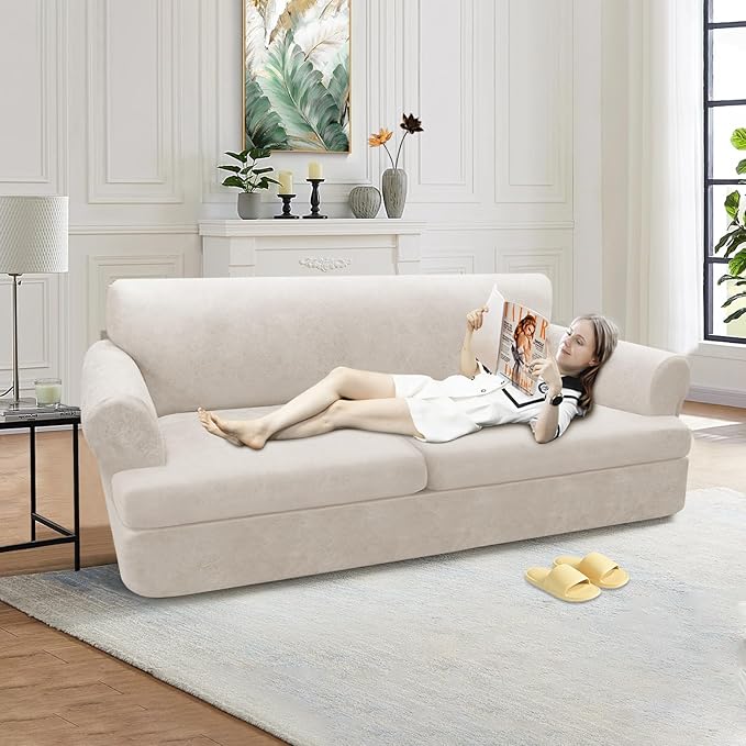 3-Pieces T Cushion Sofa Slipcovers Leather Look Couch Cover for 2 Cushion Couch Furniture Protector Stretch Sofa Cover with 2 Individual T Cushion Seat Covers Washable, Beige