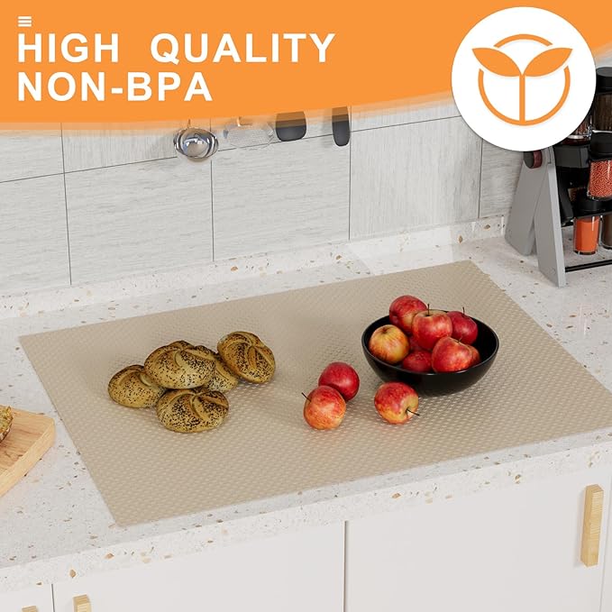 Shelf Liners for Kitchen Cabinets Waterproof - 10 Inch Wide x 396 inch Khaki Non-Adhesive Drawer Liner - Easy to Clean Pantry Cupboard Mat