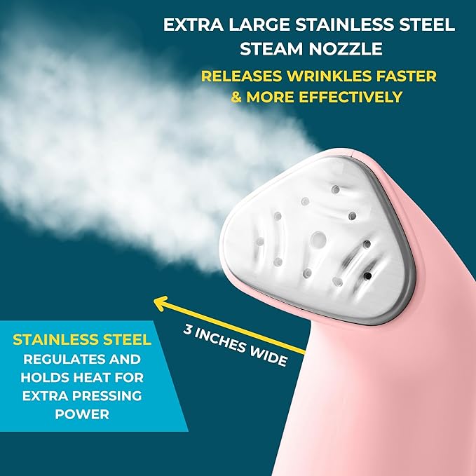 True & Tidy® Handheld Garment Steamer for Clothes with Water Cup Accessory, Portable Travel Steam Iron, Stainless Steel Plate up to 10 mins of Continuous Steam, 800 Watts, Pink