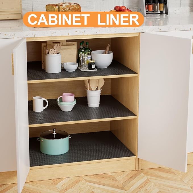 FLPMIX Cabinet Drawer Shelf Liner: Waterproof Non-Adhesive Kitchen Cabinets Liners - Easy to Cut EVA Bathroom Drawer Mat for Cupboard Pantry Shelves 12" W x 120" L Black