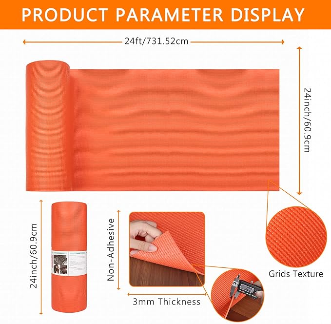 Foam Toolbox Liner Drawer Mat 1/8 Inch Thick X 24 Inch Wide X 24 Ft Long Orange, No Slip for Protecting Cabinet, Garage, Cart, Tool Box