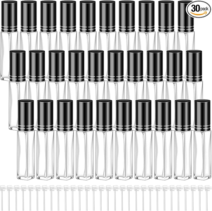 Domensi 30 Pcs 8 ml Empty Glass Perfume Bottles Bulk - Black Refillable Cologne Spray Atomizer with Pump, for Travel, Skincare, Haircare, Cleaning & DIY Essentials