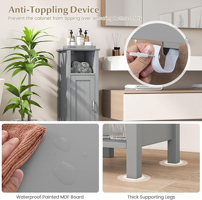 HAPPYGRILL Bathroom Floor Cabinet, Narrow Organizer Console Table Nightstand w/Adjustable Inner Shelves, Freestanding Storage Cabinet for Living Room Kitchen Entryway (Grey)
