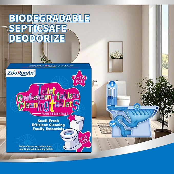 24 PACK Toilet Cleaning Tablets Set - 8 Effervescent Toilet Bowl Cleaners Tablets + 16 Blue Toilet Tank Tablets, Double-Action Formula for Stain, Water Deposit Removal