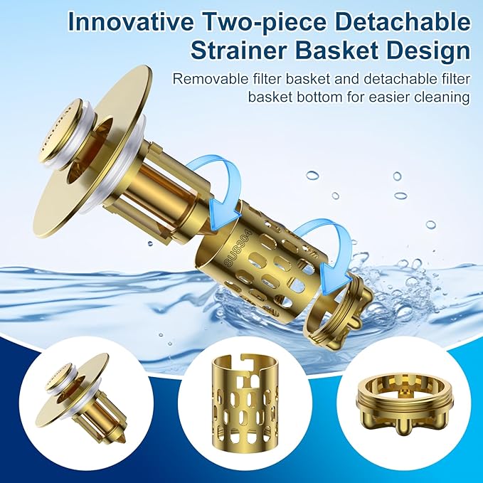 Bathroom Sink Stopper,All Metal Pop-Up Sink Drain Strainer with Removable Stainless Steel Filter Basket, Universal Bathroom Hair Catcher Fit for 1.1-2.36'' Drain (Gold, 1 Pack)