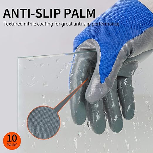 Vgo... 10-Pairs Safety Work Gloves, Gardening Gloves, Non-slip Nitrile coating, Dipping Gloves (Size L, Blue, NT2110)