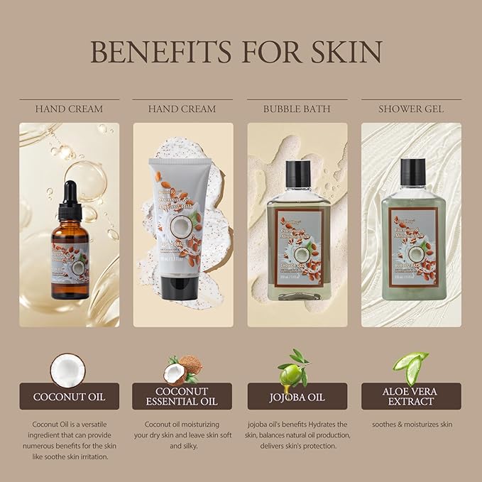 Valentines Day Gifts Coconut Almond spa kit, Bath and Body Gift Basket for Women & Men Spa Gift Basket,16 Pcs Bath Gift Set With Fragrant Lotion, Home Spa Luxurious Body Oil, Diffuser & More