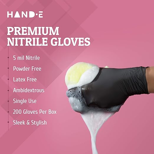 Hand-E Touch Disposable Black Nitrile Gloves Large - 200 Count - Heavy Duty 5 Grams Thick Industrial Grade - Powder Free, Latex Free, Textured Grip, Extra Length Cuff - BBQ, Hot Food Prep, Cleaning