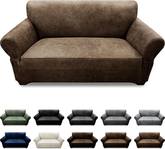 Loveseat Sofa Slipcover Leather Look Couch Covers for 2 Seater Couch Sofa 1-Piece Sofa Cover Stretch Furniture Protector with Elastic Bottom & Pockets(Loveseat, Light Brown)