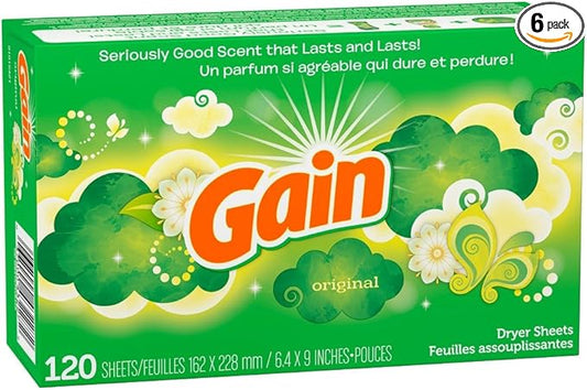Gain dryer sheets Plus Wrinkle Release, Original Scent, Fights static with a touch of scent, laundry sheets,120 Count (Pack of 6)