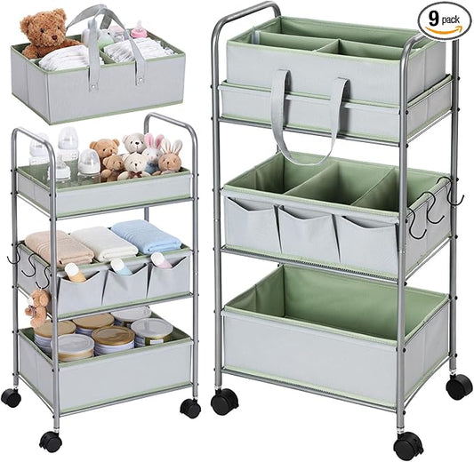 2in1 Colorful Baby Diaper Caddy Organizer Cart 3 Tier Large Capacity Metal Utility Bedside Rolling Cart with Divider for Newborn Nursery Essential Must Have Crib Bedroom Baby Shower(Green)