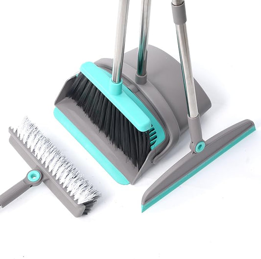 Broom with Dustpan Combo Set, Silicone Broom Squeegee and Scrub Brush Set with Long Adjustable Handle for Indoor & Outdoor Sweeping and Scrubbing, Ideal for Pet Hair, Liquids and Dirt