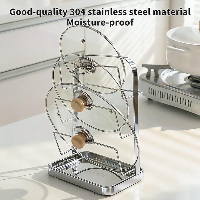 Pot Lid Holder While Cooking, 3 Tier 304 Stainless Steel Pot Lid Organizer with Drip Tray, Kitchen Storage Rack for Stove Top & Countertop, Heavy Duty Lid Holder for Pots and Pans, Silver