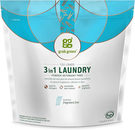Grab Green 3-in-1 Laundry Detergent Pods, Fragrance Free, Plant and Mineral Based, Superior Cleaning Power, Stain Remover, Brightens Clothes, White, 132 Count