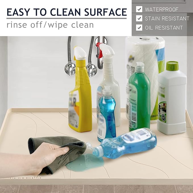 Heavy Duty Silicone Under Sink Mat for Kitchen&Bathroom 22" x 19",Waterproof Under Sink Rubber Mat Drip Tray, Raised Edge Under Sink Liner,Prevent Drips, Leaks, Spills,Beige