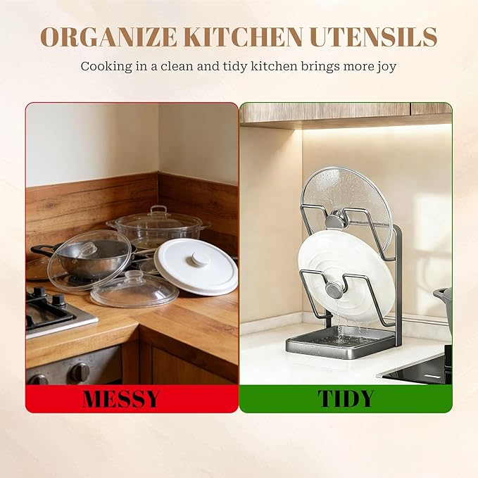 304 Stainless Steel Kitchen Pot Lid Storage Rack, Pot Lid Holder while Cooking, Pot Lid Organizer with Removable Tray & Spoon Rest,Waterproof & Rustproof(Grey, 1 Layer)