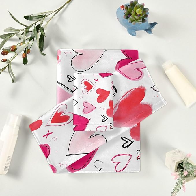 Pfrewn Doodle Romantic Pink Heart Towels Set of 3 Romantic Pink Red Love Spring Bathroom Towel Soft Absorbent Bath Hand Towels Washcloth Guest Towel Sets Mother's Valentine's Day Decorations
